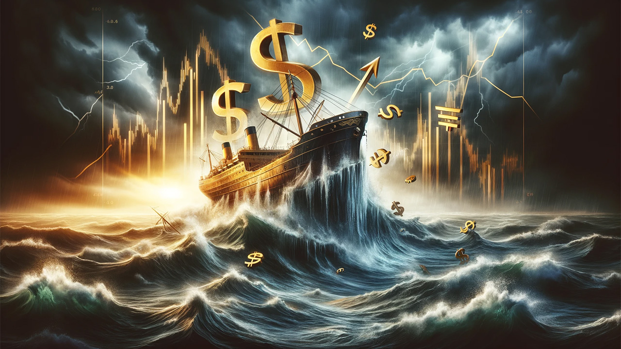 Fırtına ortasında batmış gemi, arkasında döviz ve finansal sıkıntı simgeleri