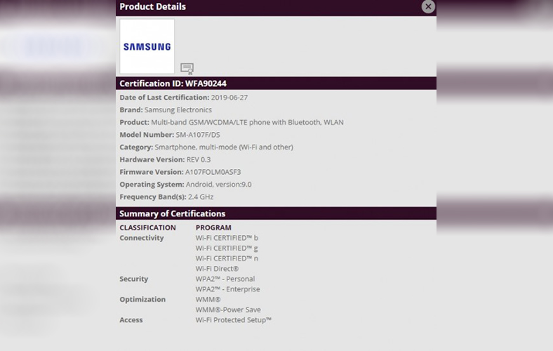 Samsung Galaxy A10s, Wi-Fi Sertifikası Alırken Ortaya Çıktı