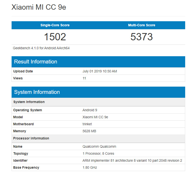 Xiaomi CC9e'nin İşlemcisi Ortaya Çıktı