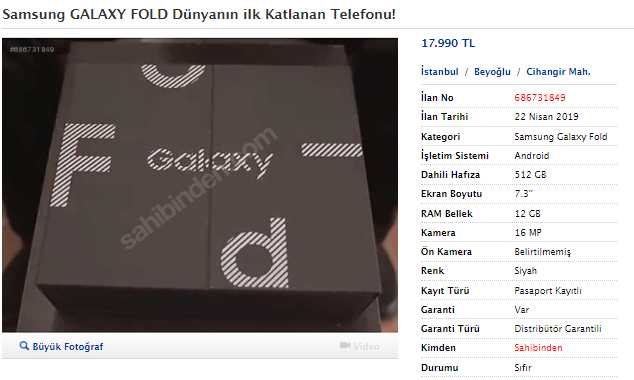 Bir Samsung Galaxy Fold, Sahibinden.com’da Satışta