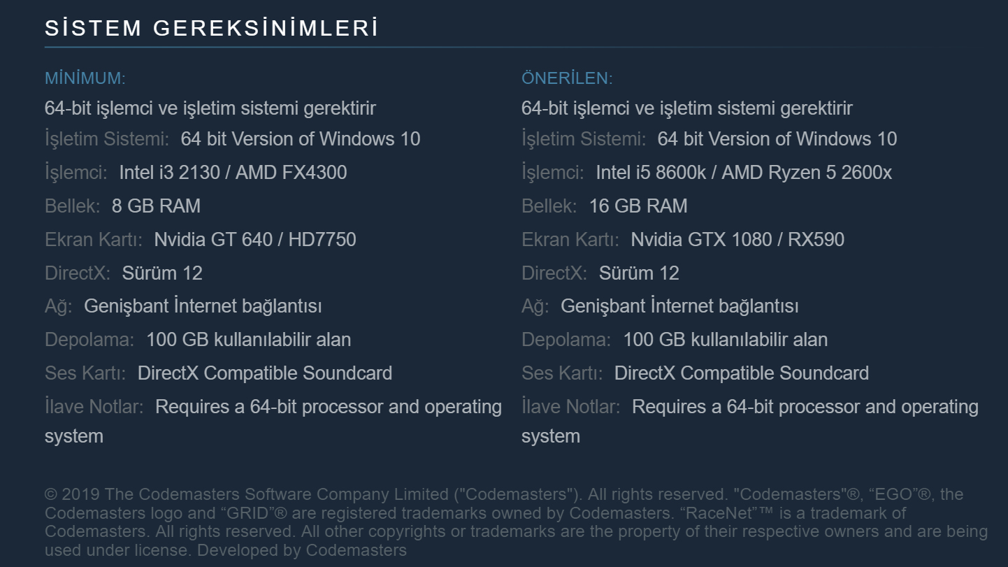 grid 2019 sistem gereksinimleri