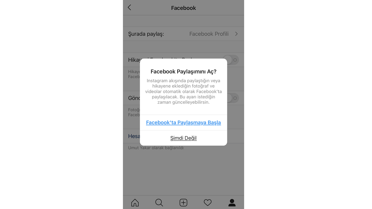 instagram facebook ile giriş, paylaşım seçenekleri