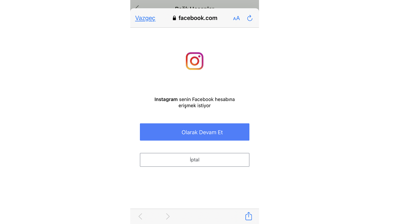 instagram facebook ile giriş, onay ekranı