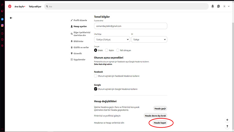 pinterest pc account settings page