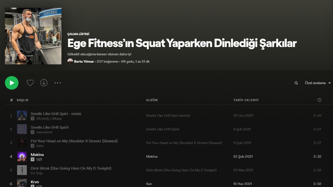 Songs that Ege Fitness listens to while doing squats
