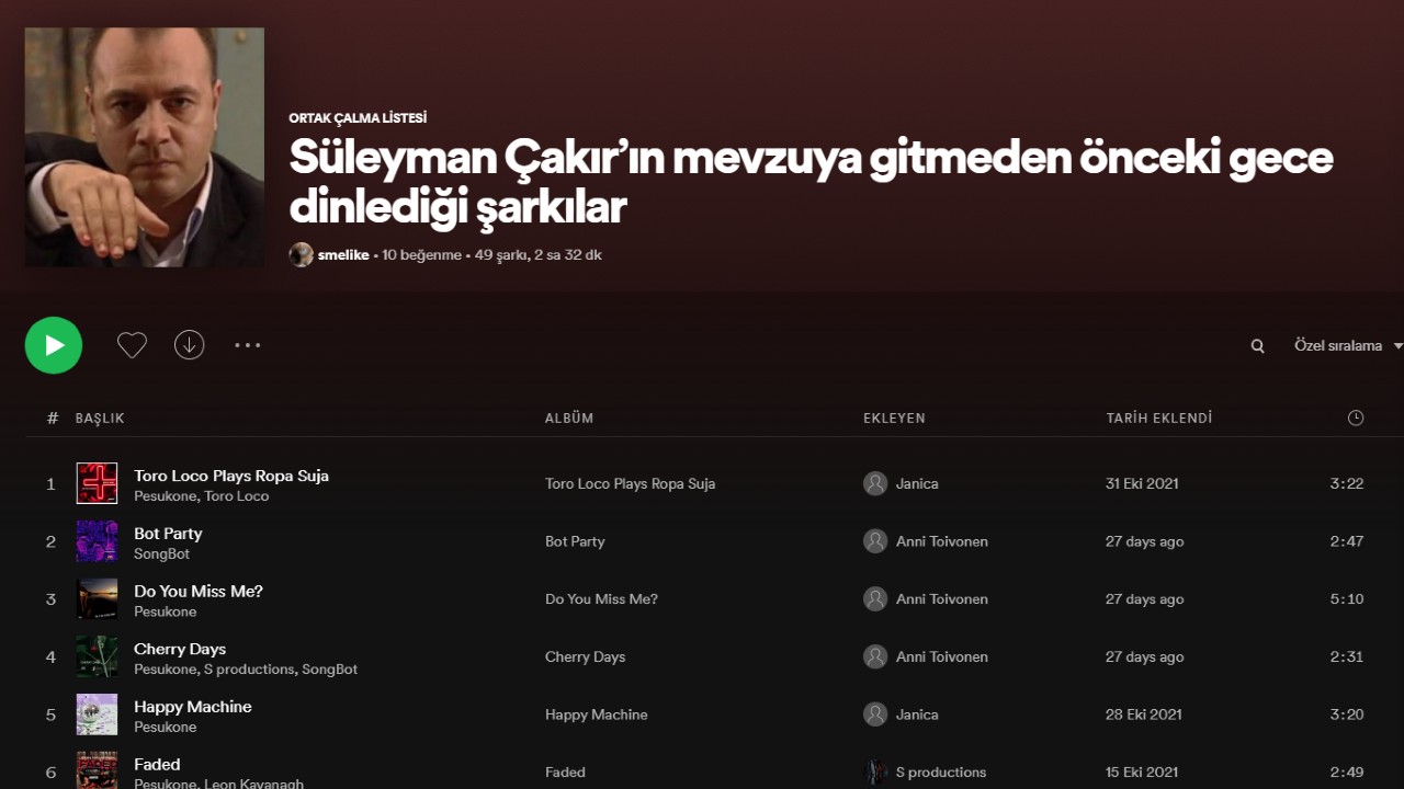Songs that Süleyman Çakır listened to the night before he went to the subject 