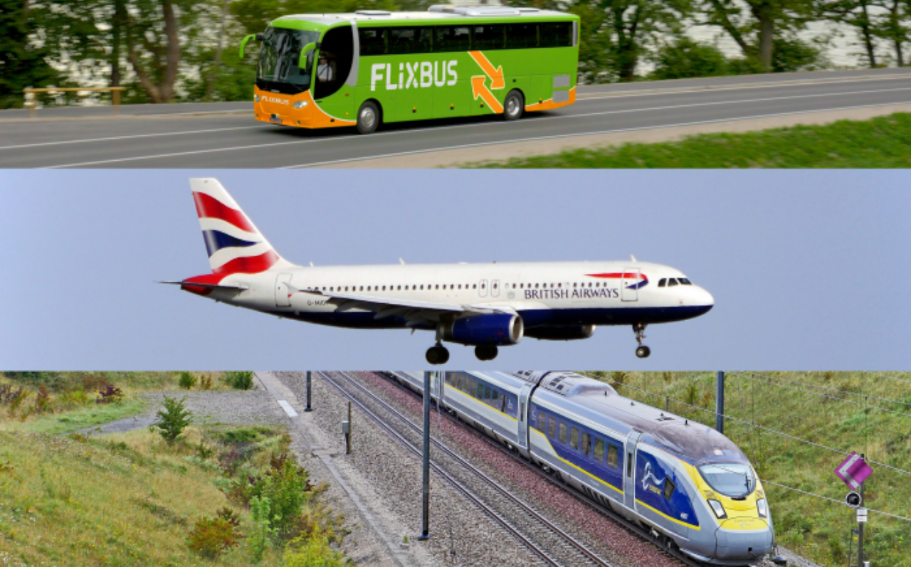 bus, plane and train