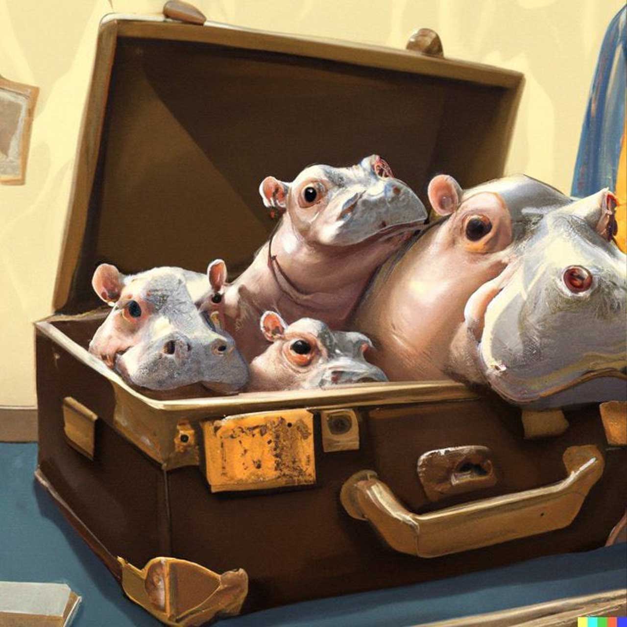Illustration of hippos in an old-fashioned vintage suitcase