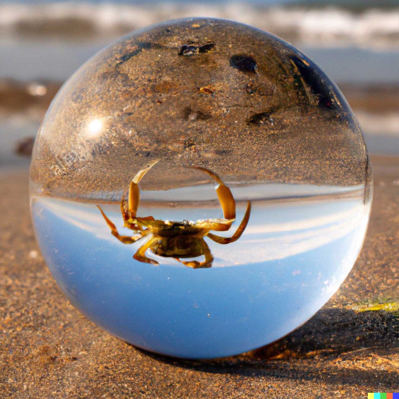 A transparent globe standing on the beach where a crab is staring at it