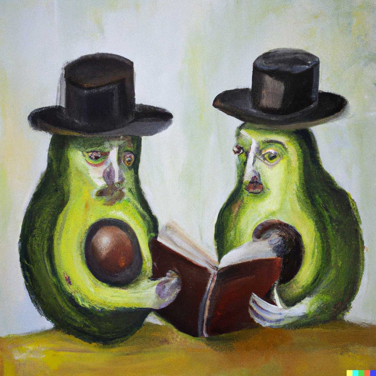 Two Jewish avocados reciting the Talmud