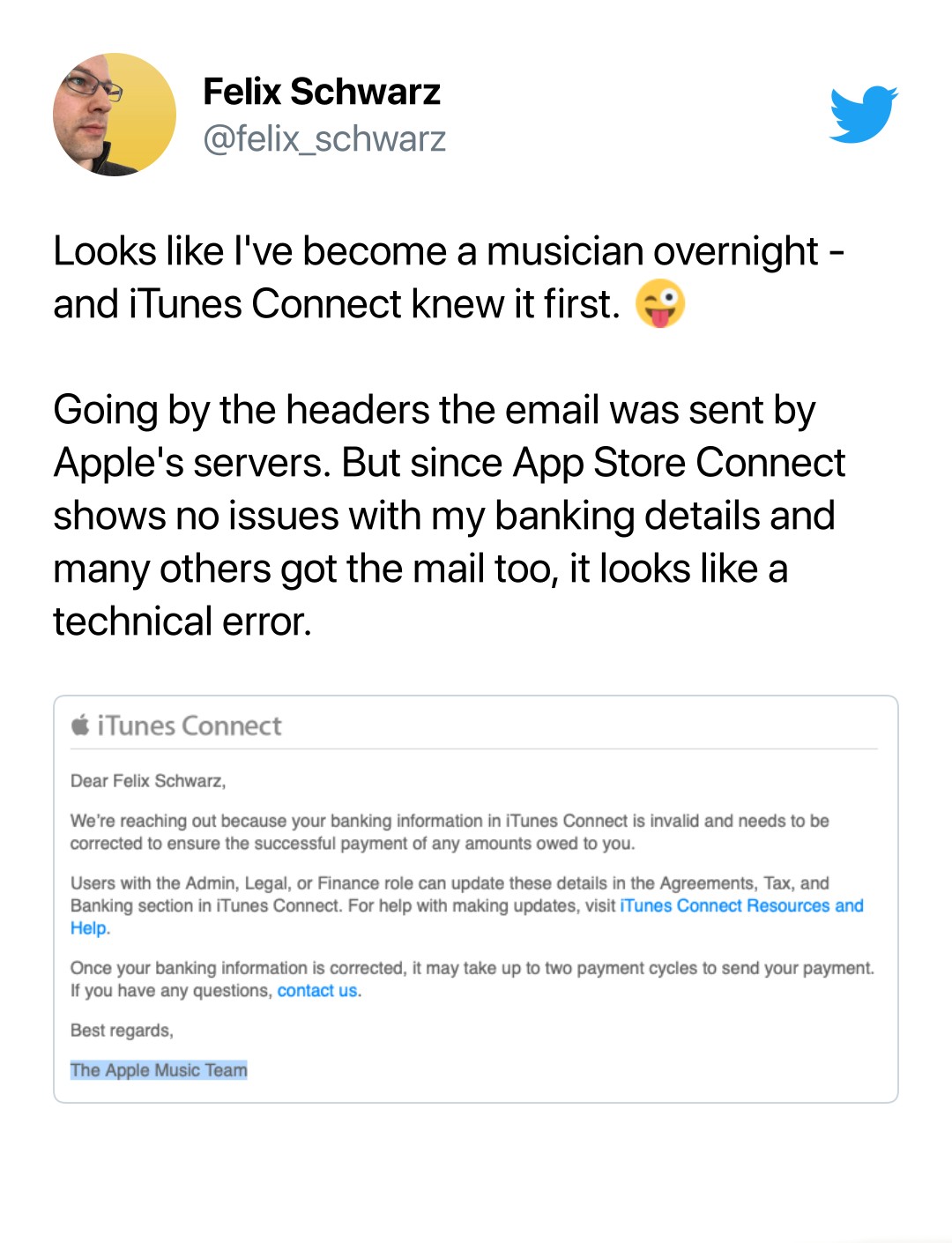 Apple, iTunes Connect Kullanıcılarına Banka Bilgileri ile İlgili 'Yanlışlıkla' E-Posta Gönderdi