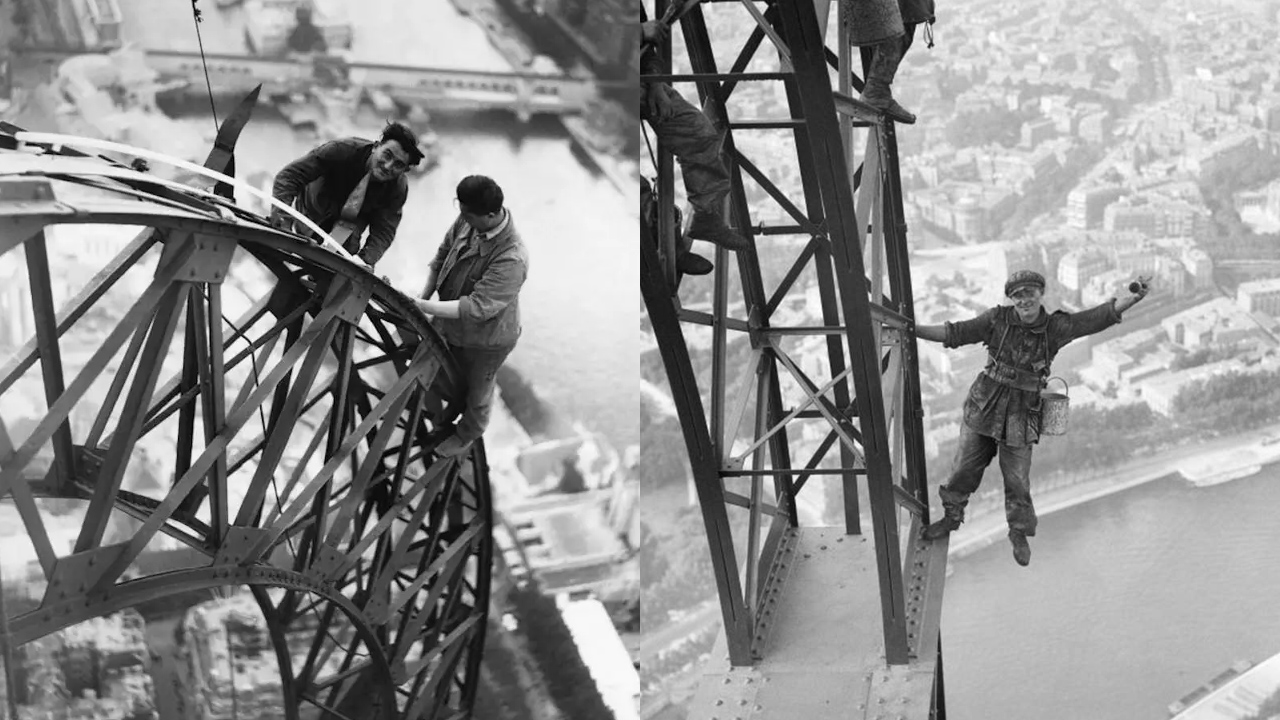 Eyfel Kulesi'nin yapım aşamasında işçiler