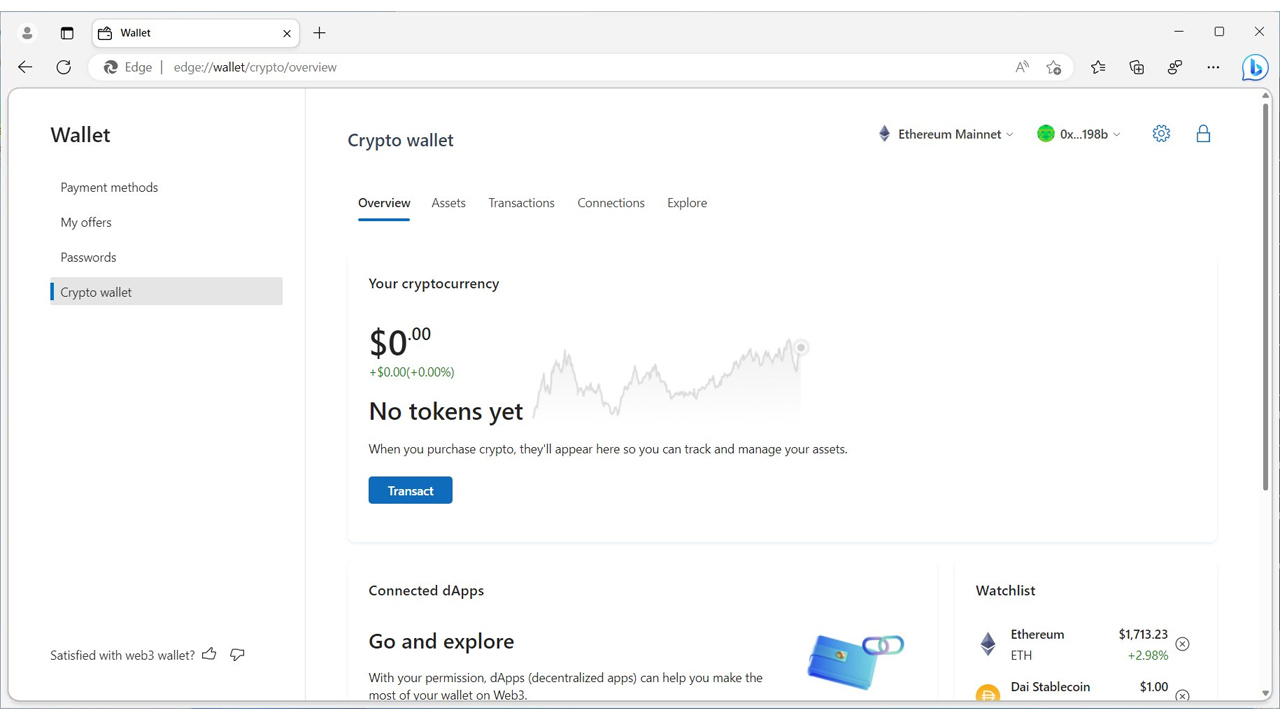 Microsoft Edge cryptocurrency wallet