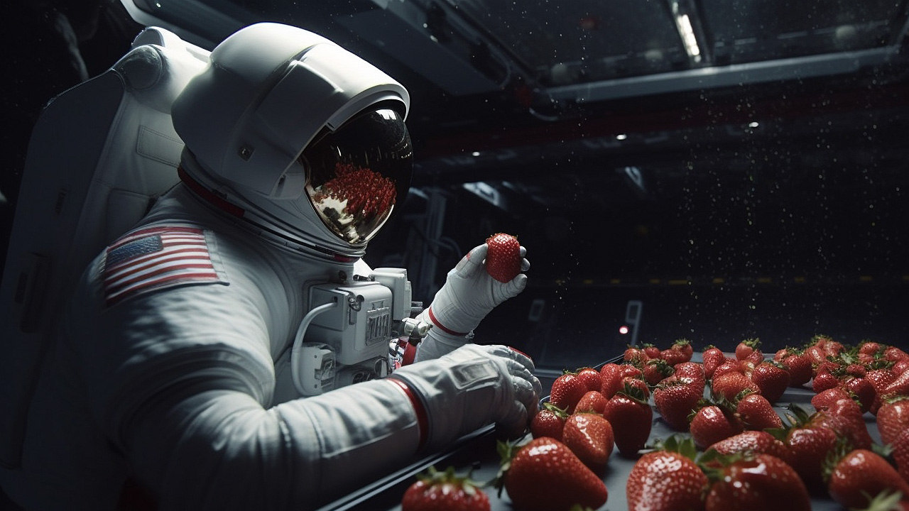 uzayda çilek yiyen astronot