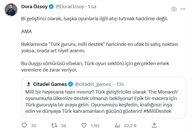 Türk Oyun Şirketi Citadel Games’in, Oyunlarını ‘Ülkemize Destek Olun’ Çağrısıyla Duyurması Tepki Topladı: Tepkilere 'Mizahi' Yanıt Geldi
