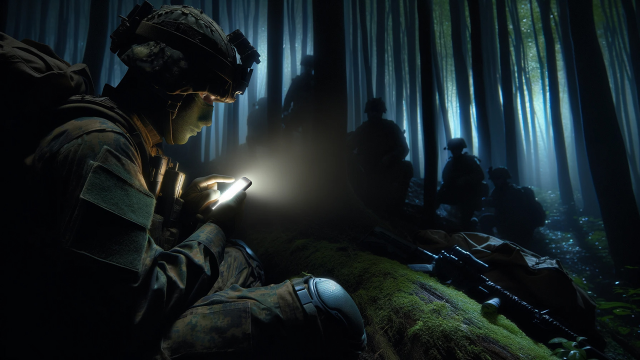 Soldiers using phones in the dark of night