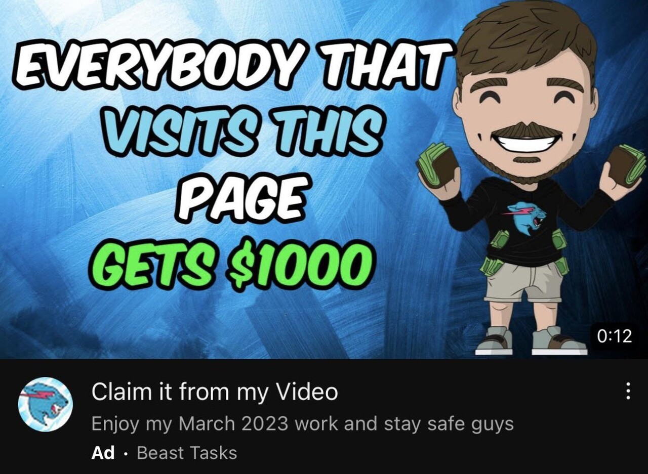 MrBeast YouTube scam ad, YouTube MrBeast fake ad