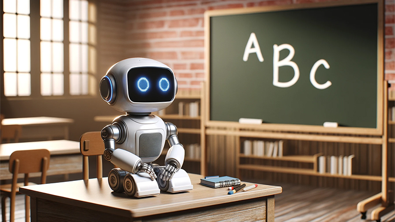 alphabet learning robot, robot sitting in the classroom
