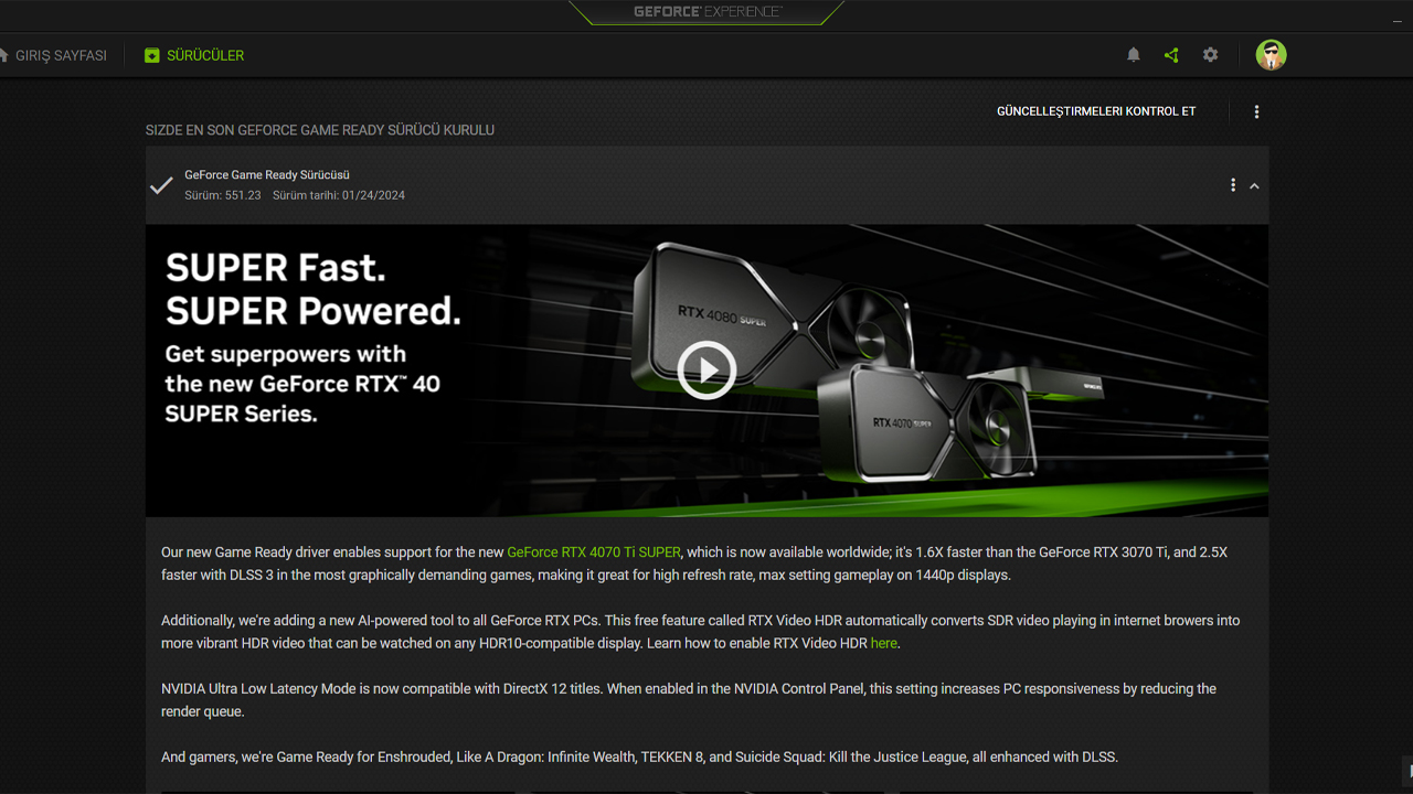 NVIDIA Geforce Experience, Ekran Kartı sürücüsü