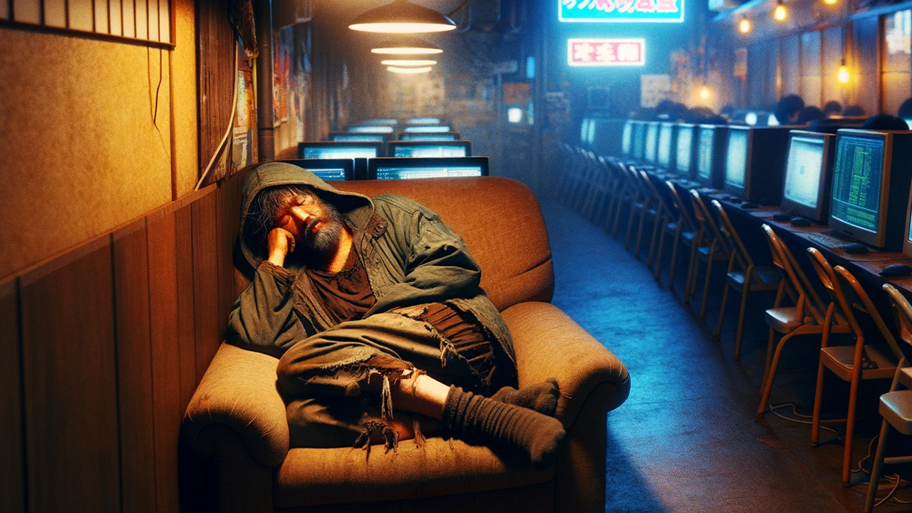 Homeless Japanese man sleeping in internet cafe
