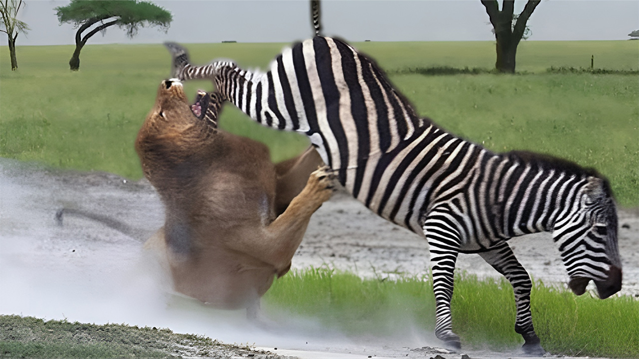 zebra aslanı tekmeliyor