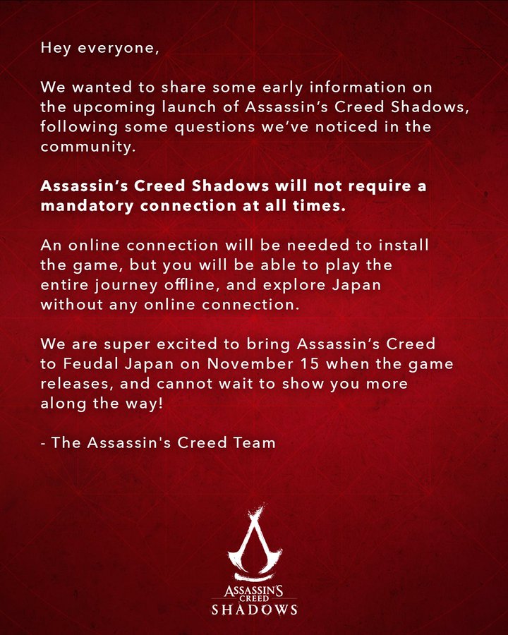 Assassin’s Creed Shadows’tan Güzel Haber: İnternetsiz Oynanabilecek